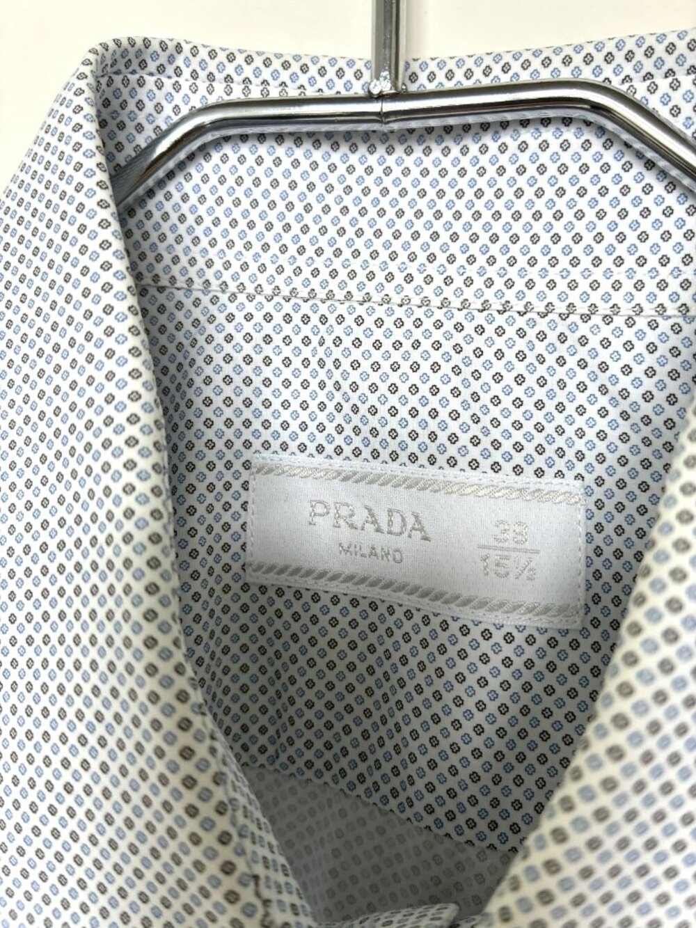 PRADA men's dress shirt, size 15.5" / 39cm, white blue black micro-pattern - Picture 5 of 10